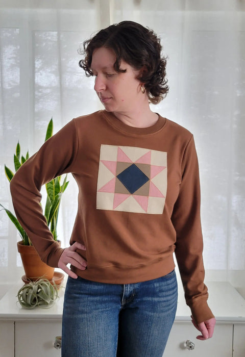 Women's Quilt Block Sweatshirt – Organic Cotton Blend French Terry Pullover | Made in USA Cozy Apparel Adventure Clothes Company  Womens
