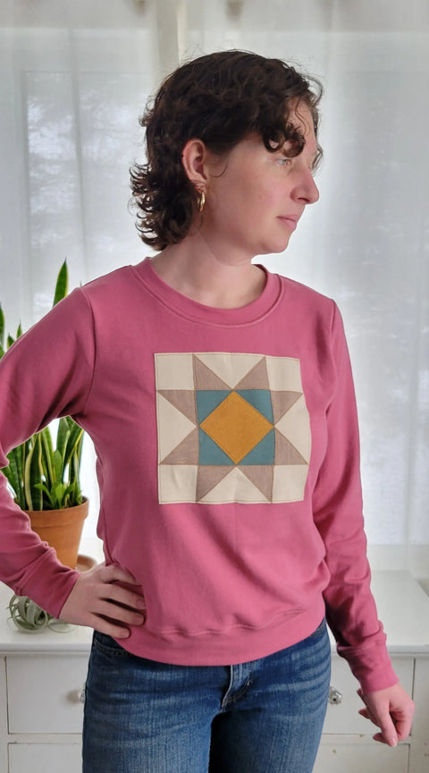 Women's Quilt Block Sweatshirt – Organic Cotton Blend French Terry Pullover | Made in USA Cozy Apparel Adventure Clothes Company  Womens
