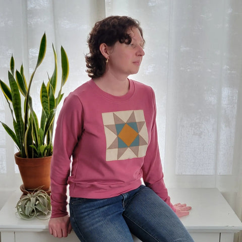 Women's Quilt Block Sweatshirt – Organic Cotton Blend French Terry Pullover | Made in USA Cozy Apparel Adventure Clothes Company  Womens