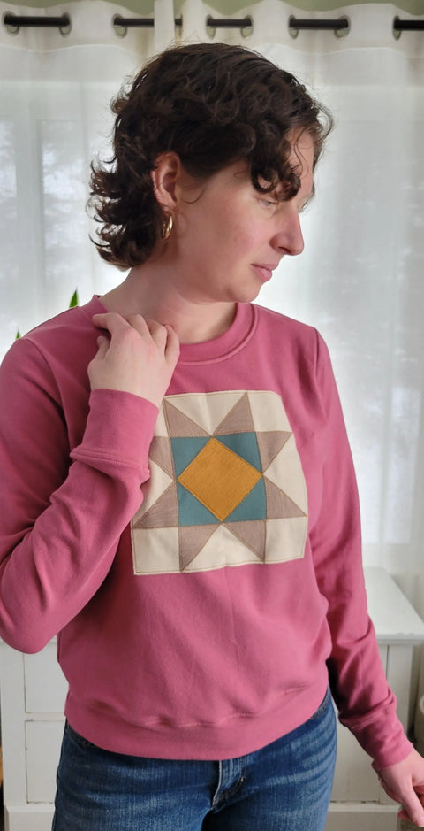 Women's Quilt Block Sweatshirt – Organic Cotton Blend French Terry Pullover | Made in USA Cozy Apparel Adventure Clothes Company  Womens