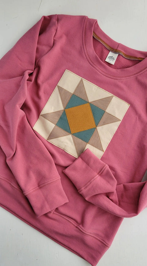 Women's Quilt Block Sweatshirt – Organic Cotton Blend French Terry Pullover | Made in USA Cozy Apparel Adventure Clothes Company  Womens