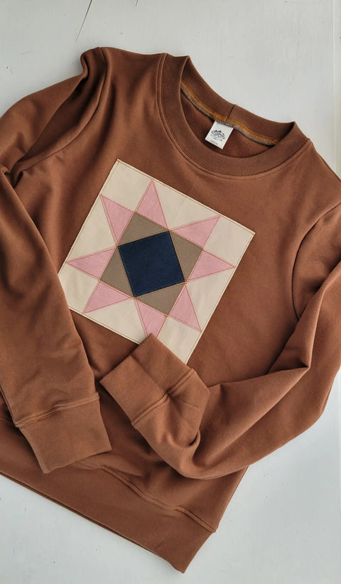 Women's Quilt Block Sweatshirt – Organic Cotton Blend French Terry Pullover | Made in USA Cozy Apparel Adventure Clothes Company  Womens