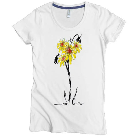 The Sunflowers Graphic Tee by Spiritex | Sustainable Apparel is a fitted womens organic cotton t-shirt with a hand-drawn, watercolor-style yellow flower graphic centered on the front for comfort and artistic flair.