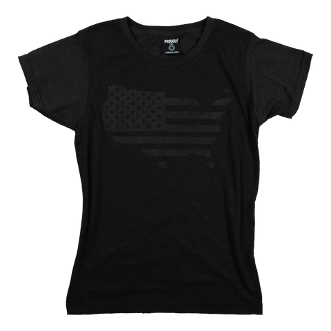 The Proudly USA Land That I Love Womens TriBlend T-Shirt in Heather Black features a tonal U.S. map graphic with a stylized American flag on the front.