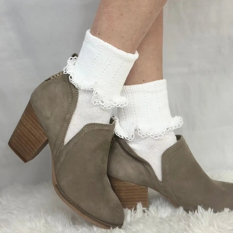 A person stands on a soft white surface wearing Catherine Cole SCALLOP Cuff Ankle Socks for women in white, paired with taupe suede block-heel shoes, against a plain light background.