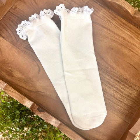 Women’s White Lace Trim Tube Ankle Socks – Soft Cotton Blend Stretch Fit | Made in USA North Carolina Catherine Cole  socks