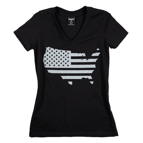Women's Black Cotton V-Neck T-Shirt – Vintage USA Flag Design | Made in USA Proudly USA  T-shirt
