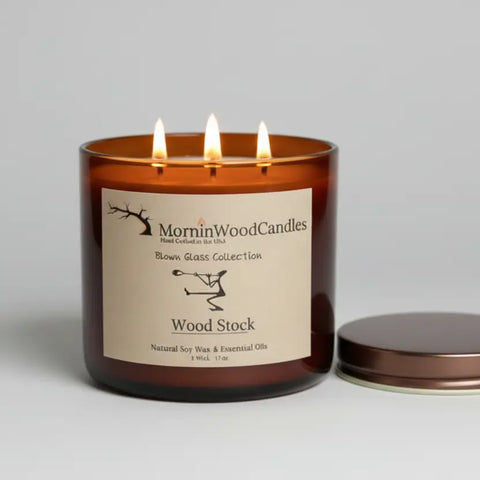 Wood Stock Scented 3-Wick Soy Wax Candle – 17 oz Blown Glass Jar | Handcrafted in USA MorninWood Candles  3 Wick Candle
