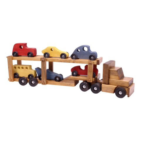 Wooden Car Transporter Toy With 6 Handcrafted Rolling Cars – Amish Made | USA Crafted Playset Amish Toy Box  Wooden Toys,Trains, Trucks and Things