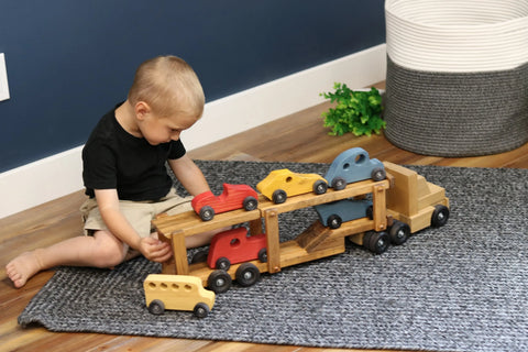 Wooden Car Transporter Toy With 6 Handcrafted Rolling Cars – Amish Made | USA Crafted Playset Amish Toy Box  Wooden Toys,Trains, Trucks and Things