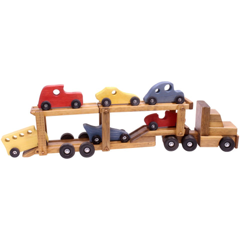 Wooden Car Transporter Toy With 6 Handcrafted Rolling Cars – Amish Made | USA Crafted Playset Amish Toy Box  Wooden Toys,Trains, Trucks and Things
