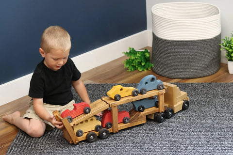 Wooden Car Transporter Toy With 6 Handcrafted Rolling Cars – Amish Made | USA Crafted Playset Amish Toy Box  Wooden Toys,Trains, Trucks and Things