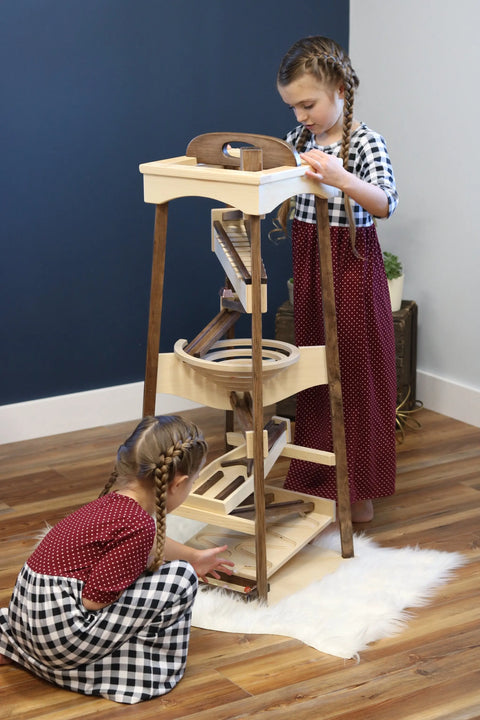 Wooden Marble Pyramid Tower Run 39 Inch – Handmade Kinetic Toy with Marbles | Made in USA Amish Toy Box  Marble and Ball Rollers