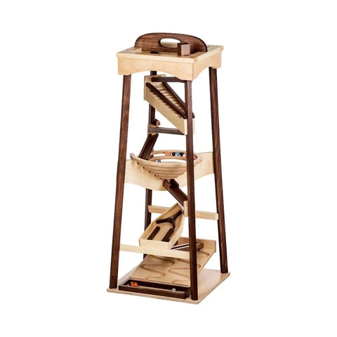 Wooden Marble Pyramid Tower Run 39 Inch – Handmade Kinetic Toy with Marbles | Made in USA Amish Toy Box  Marble and Ball Rollers