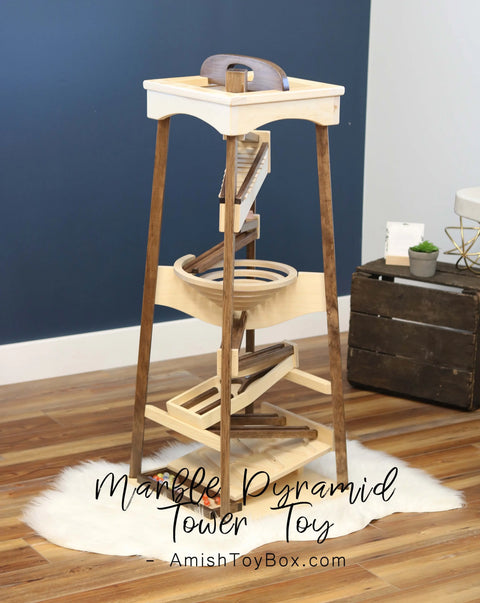 Wooden Marble Pyramid Tower Run 39 Inch – Handmade Kinetic Toy with Marbles | Made in USA Amish Toy Box  Marble and Ball Rollers