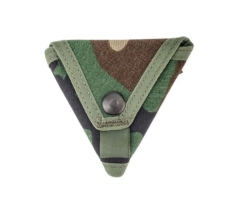 The MIS Coin Case - Woodland Camo is a triangular pouch made in the USA from Dupont Cordura Nylon, featuring a green trim, black snap closure, and camouflage pattern—ideal for carrying small items or tools.