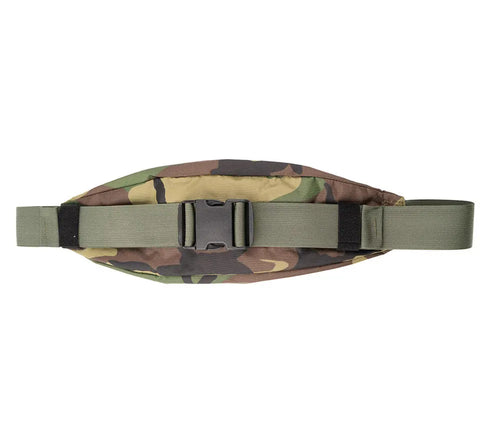 The MIS Body Bag - Woodland Camo is a packcloth nylon waist bag with a water-resistant zipper, adjustable green strap, and black plastic buckle, shown on a white background.