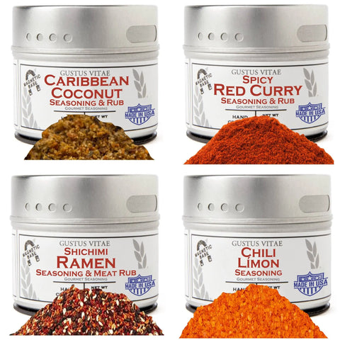 Gustus Vitae’s World Flavor Favorites Seasonings set of 4 is shown, with matching spice piles for each bold blend: Spicy Red Curry, Shichimi Ramen, Chili Limon, and Caribbean Coconut Rub.