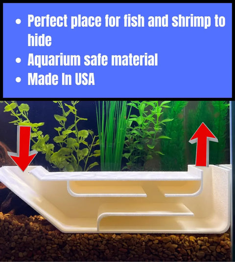 A Chatelet REEFSHAPE XL Underground Tunnel by Chatelet Manufacturing sits on gravel in a planted tank. Red arrows show entry points. A blue box highlights: fish & shrimp hide, aquarium safe, made in USA. Size: 9.75x2.5.