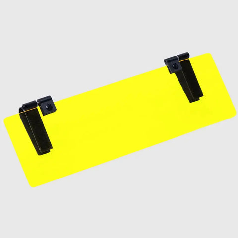 The Glare Guard Yellow HyperBright XL MaxView Polarized Car Visor Extender, a rectangular yellow visor with two black clips for glare reduction, is shown against a light gray background.