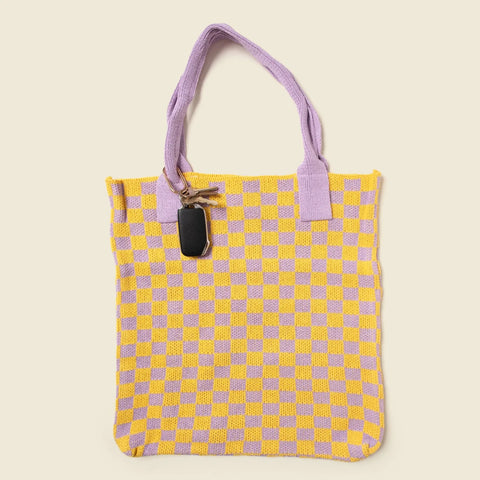 Yellow Purple Checkered Cotton Knit Tote Bag 15.5 Inch | Handmade in USA CASUPO  Tote Bag