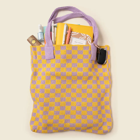 Yellow Purple Checkered Cotton Knit Tote Bag 15.5 Inch | Handmade in USA CASUPO  Tote Bag