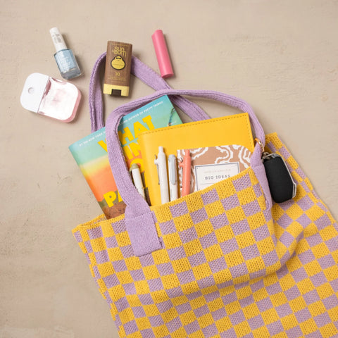 Yellow Purple Checkered Cotton Knit Tote Bag 15.5 Inch | Handmade in USA CASUPO  Tote Bag