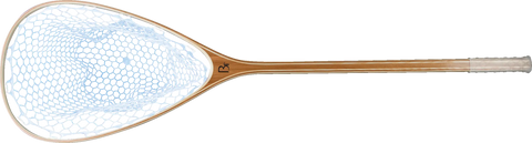 The Blue Ribbon Nets Yellowstone fishing net features a wooden handle with a comfy white grip and a large oval hoop with white rubber mesh—ideal for outdoor enthusiasts.