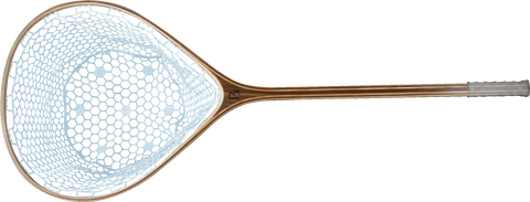 The Blue Ribbon Nets Yellowstone fishing net features a wooden handle and clear hexagonal mesh, ideal for outdoor recreation, and is shown against a transparent background.