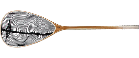 The Blue Ribbon Nets Yellowstone fishing net features a wooden handle, large oval black mesh, and white grip—ideal for outdoor recreation. Shown on a transparent background.