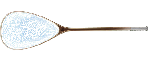 The Blue Ribbon Nets Yellowstone is a fishing net with a wooden handle, wide oval hoop, and white mesh—ideal for outdoor recreation. Shown isolated on a transparent background.