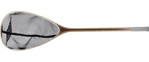 The Blue Ribbon Nets Yellowstone fishing net features a wooden handle and black mesh, shown on a transparent background—ideal for outdoor recreation.