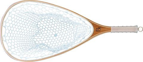 The Yellowstone by Blue Ribbon Nets is a fishing net featuring a wooden frame, white hexagonal mesh, and a light-colored handle—ideal for outdoor recreation. Displayed on a transparent background.