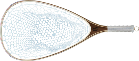 The Blue Ribbon Nets Yellowstone fishing net features a wooden handle and white rubber mesh, displayed against a transparent background.