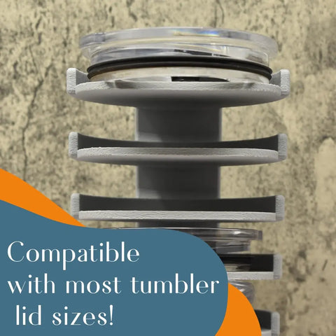 A stack of clear tumbler lids in various sizes is organized on the Chatelet Manufacturing Yeti Lid Mount Rack against a beige wall. Text: Fits most tumbler lid sizes! Ideal for kitchen organization.