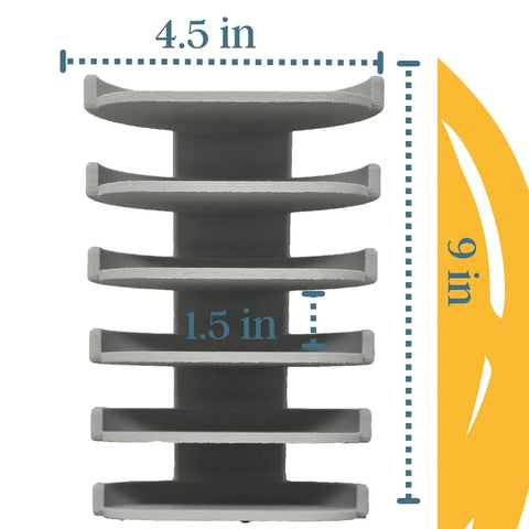 Front view of the Chatelet Manufacturing Yeti Lid Mount Rack, gray and vertically stacked, measures 9 tall by 4.5 wide with 1.5 between sections—ideal for organizing kitchen lids. Blue arrows and orange accents show dimensions.