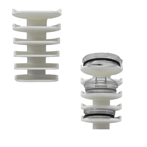 The Chatelet Manufacturing Yeti Lid Mount Rack features two white vertical plastic holders—one holding three stacked transparent lids—making it ideal for organizing kitchen or Yeti Rambler lids.