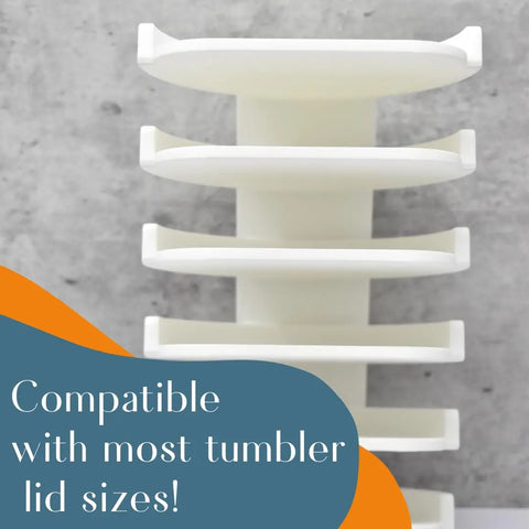 Chatelet Manufacturing Yeti Lid Mount Rack in blue and orange holds multiple tumbler lids. Shown on a gray background, its perfect for organizing Yeti Rambler lids and compatible with most tumbler lid sizes.