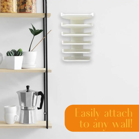 The Chatelet Manufacturing Yeti Lid Mount Rack is a white plastic organizer with multiple slots, easily attached to any wall near shelves for plants, dishes, or appliances. Text in orange box: Easily attach to any wall!.