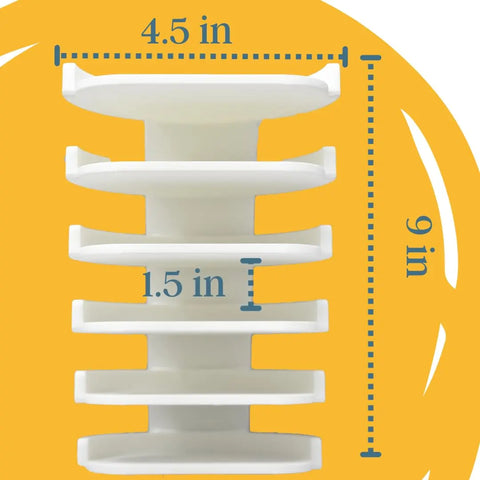 The Chatelet Manufacturing Yeti Lid Mount Rack, shown vertically on a yellow background, measures 9 tall, 4.5 wide, and 1.5 deep—perfect for storing kitchen lids or organizing Yeti Rambler lids.