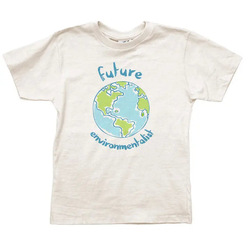 Spiritex | Sustainable Apparels Future Environmentalist Graphic Tee is a white youth shirt crafted from organic cotton, with a cartoon Earth and playful blue and green Future Environmentalist lettering.