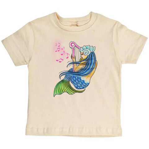The Spiritex | Sustainable Apparel Mermaid Graphic Tee is a cream organic cotton kids shirt featuring a vibrant mermaid with blue and green scales playing harp, plus pink musical notes—an ideal short sleeve for little dreamers.