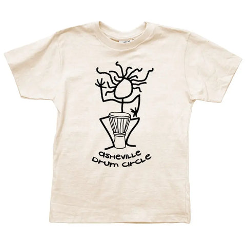 The Asheville Drum Circle Stick Man Graphic Tee (Y) by Spiritex | Sustainable Apparel features a black stick figure drumming and Asheville Drum Circle text. Made with organic cotton, its gentle on sensitive skin.