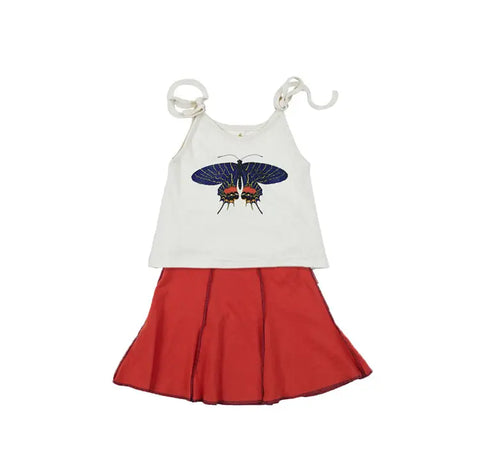 The Spiritex Youth Graphic Butterfly Crop Tie Tank is a sleeveless white 100% Organic Cotton top with shoulder ties and a bold blue and black butterfly print—perfect for sensitive skin. Shown paired with a red flared skirt, both laid flat.