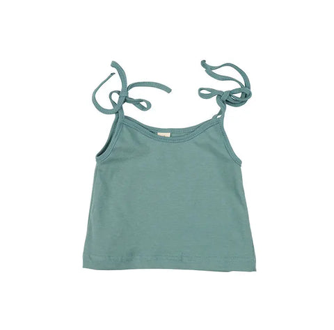 The Youth Crop Tie Tank by Spiritex | Sustainable Apparel is a light teal, sleeveless top crafted from 100% organic cotton, with shoulder straps tied into bows—perfect for sensitive skin and shown on a white background.