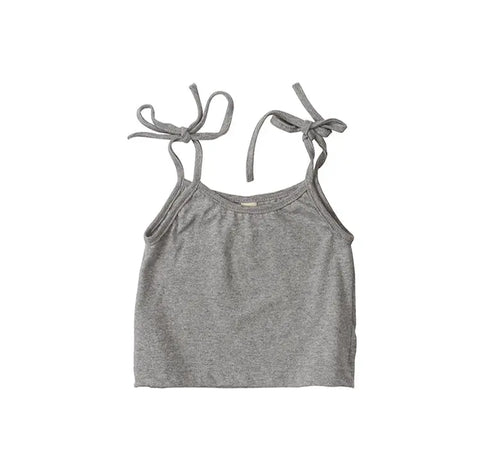 The Spiritex Youth Crop Tie Tank is a gray, sleeveless top made from 100% organic cotton with bow-tied shoulder straps—ideal for sensitive skin and shown on a white background.