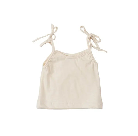 The Youth Crop Tie Tank by Spiritex | Sustainable Apparel is a cream, sleeveless top with bow-tied thin straps, made from 100% organic cotton for sensitive skin, shown on a plain white background.