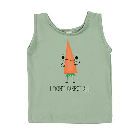 The Spiritex Youth Graphic Jersey Tank Top | Food Puns is a light green, organic cotton sleeveless shirt for kids featuring a cartoon carrot with arms, legs, a frown, and I DON’T CARROT ALL.—gentle on sensitive skin.