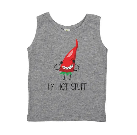 The Youth Graphic Jersey Tank Top by Spiritex features a cartoon red chili pepper and IM HOT STUFF text on gray organic cotton—fun, punny, and gentle on sensitive skin.