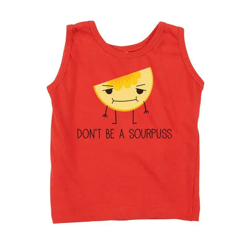 The Spiritex Youth Graphic Jersey Tank Top | Food Puns is a red sleeveless shirt made of organic cotton, featuring a grumpy lemon slice and DONT BE A SOURPUSS—ideal for sensitive skin.